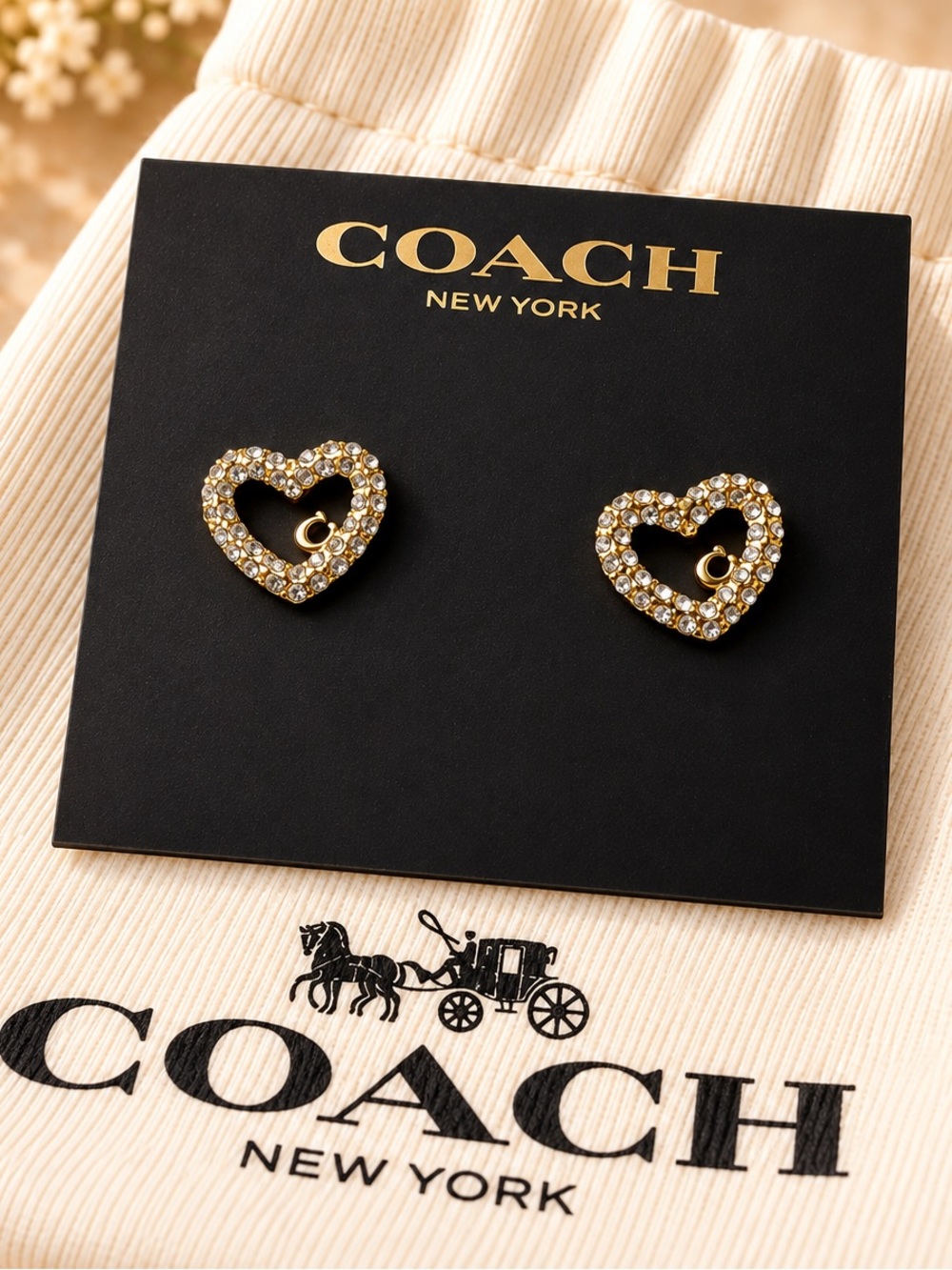 COACH Gold Crystal Heart Stud Earrings